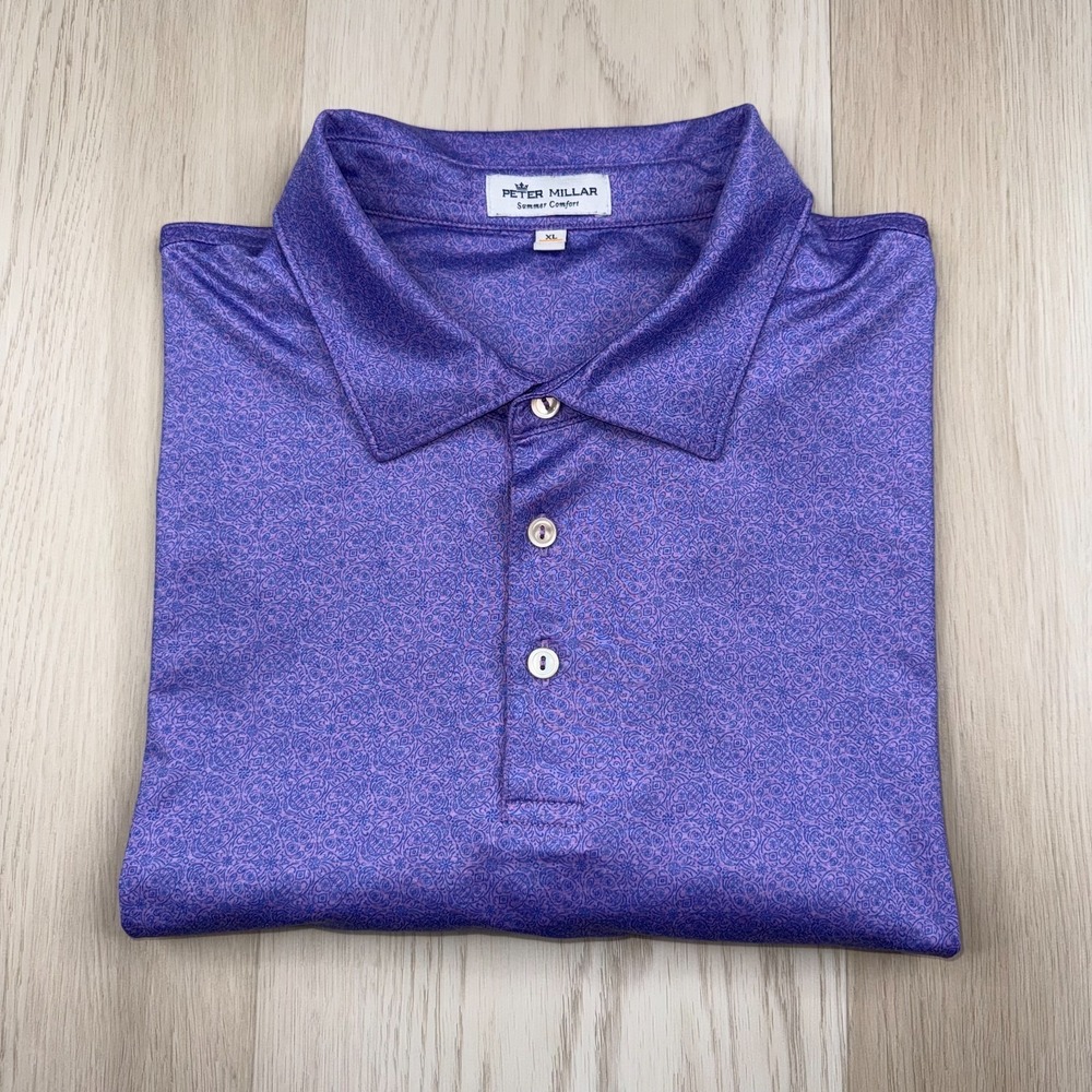 Peter Millar Summer Comfort Mens Purple Patterned Stretch Polo Shirt Size XL